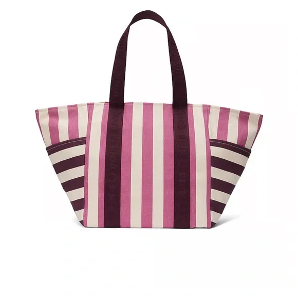 🆕 PINK VICTORIA'S SECRET STRIPED LARGE CANVAS TOTE WEEKENDER BAG - Picture 2 of 8